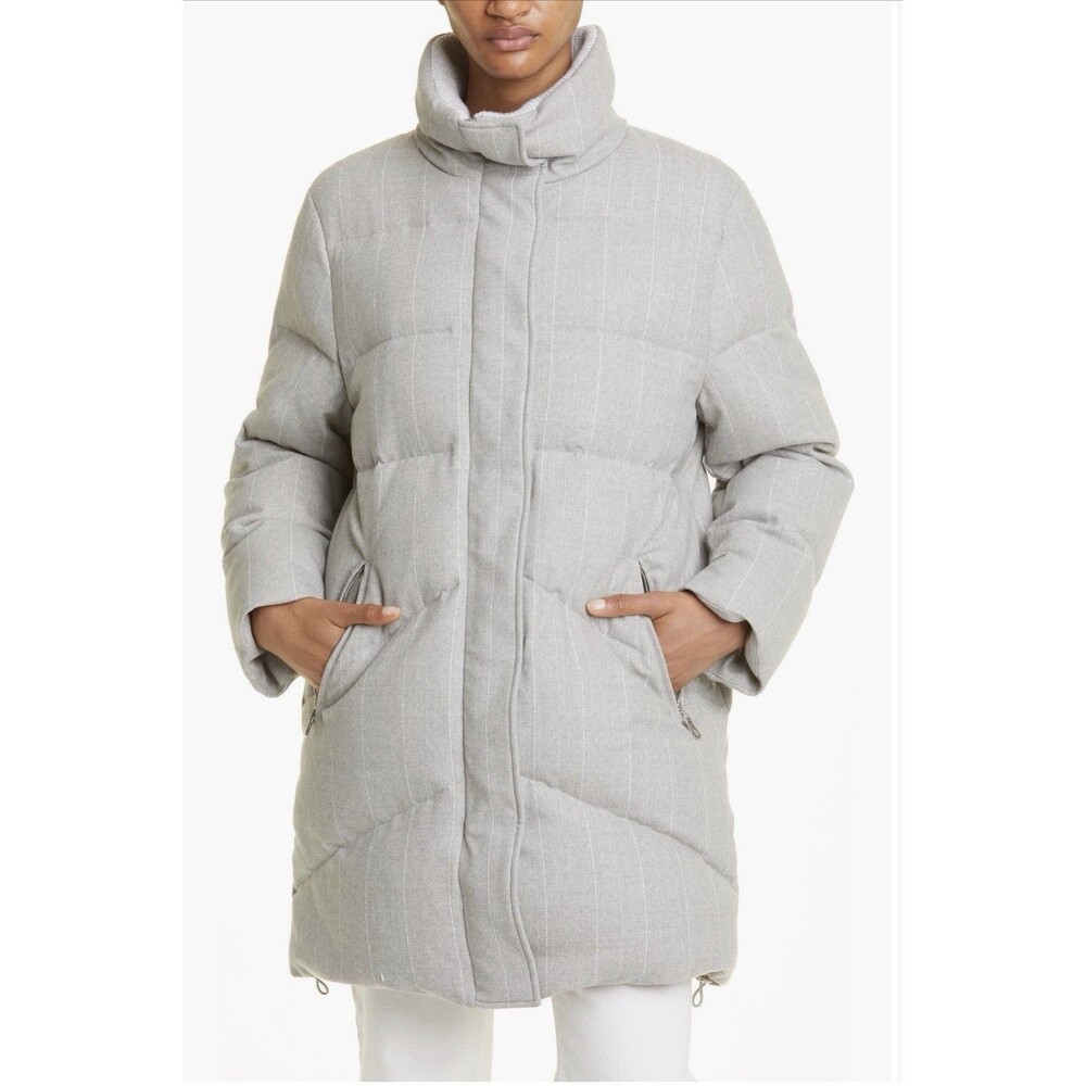 Eleventy Women's Grey Pinstripe Wool Stretch Flannel Puffer Coat Size S